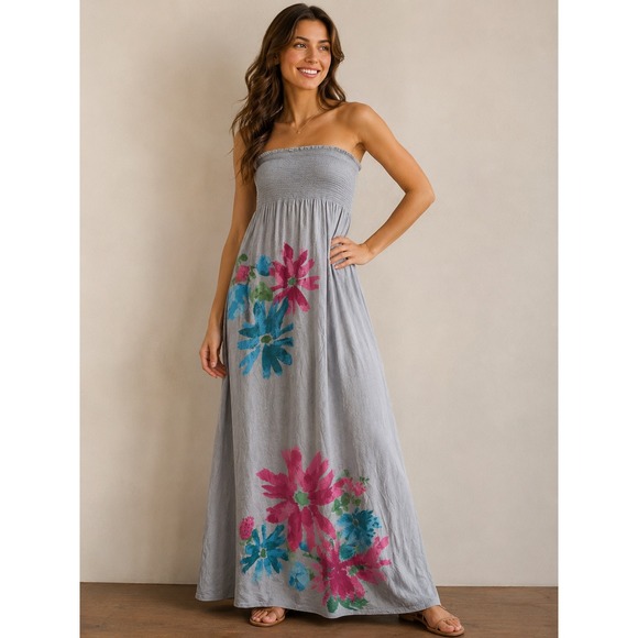 Old Navy Dresses & Skirts - Old‎ Navy Womens Grey Floral Smocked Strapless Maxi Tube Dress Large Boho Summer